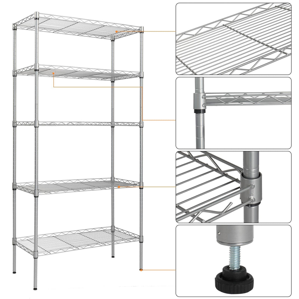 Ktaxon 5-Tier Wire Shelving Unit, Steel Storage Rack for Garage Office Kitchen Silver, 30" W x 14" D x 60" H