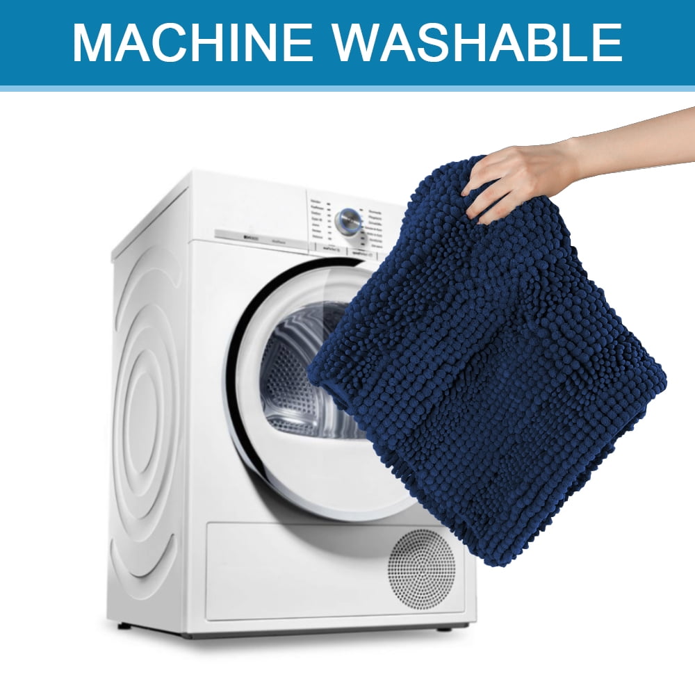 PrimeBeau Chenille Shaggy Rug Collection Contemporary Solid Print Navy Microfiber Polyester Bath Rugs, 20" x 32" Plus 17" x 24", Machine Washable, 2 Count