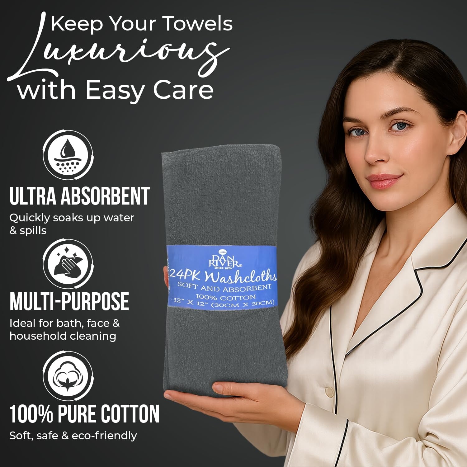 Dan River Washcloths pack of 24 High-Quality Soft Cotton Absorbent and Multipurpose Wash Clothes for Face & Body - Gray, 12x12in
