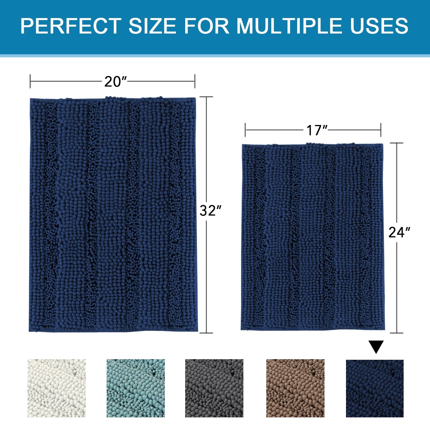PrimeBeau Chenille Shaggy Rug Collection Contemporary Solid Print Navy Microfiber Polyester Bath Rugs, 20" x 32" Plus 17" x 24", Machine Washable, 2 Count