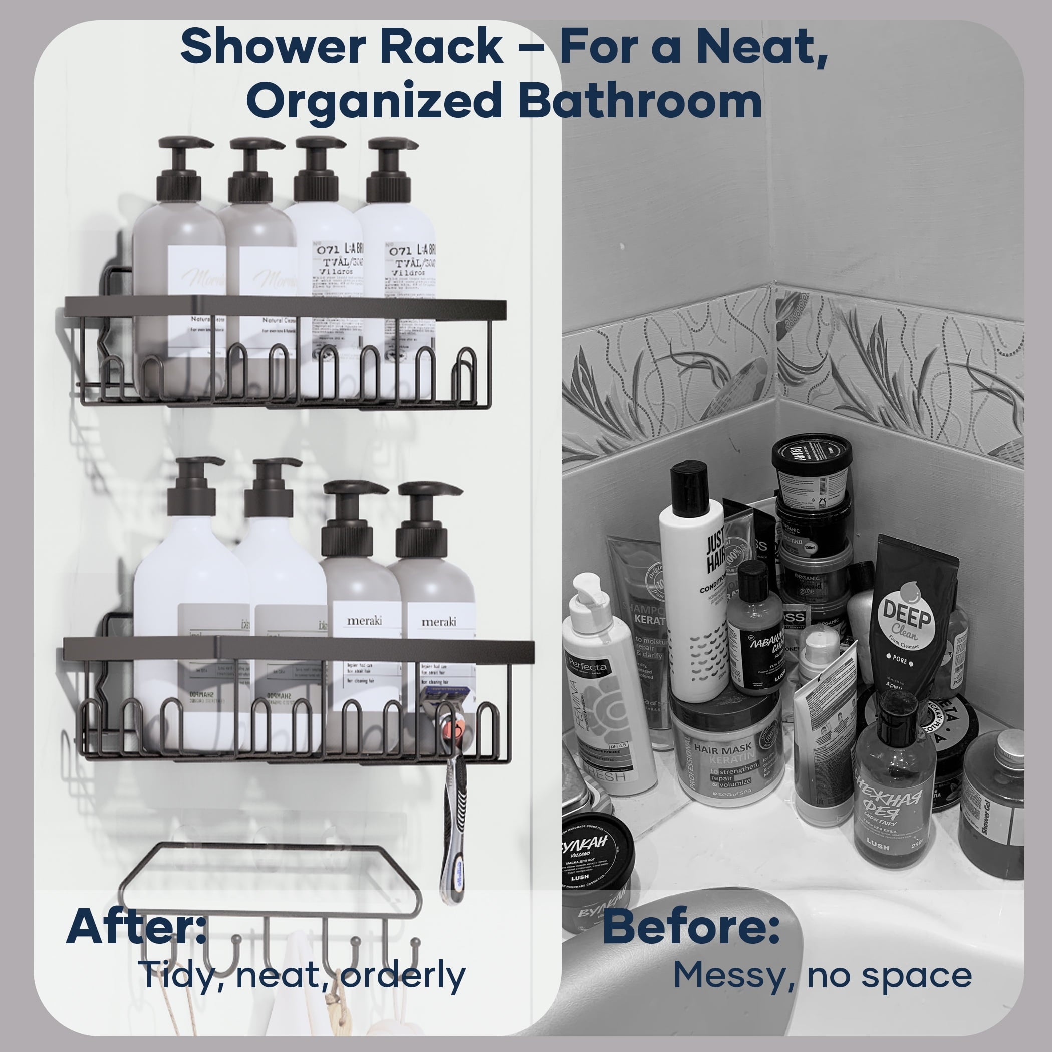 Topritt Shower Caddy 6 Pack, Adhesive Shower Organizer with Soap Holder, Large Capacity, No-Drill Wall Mounted Bathroom Organizer Basket for Bathroom & Kitchen Storage, Black