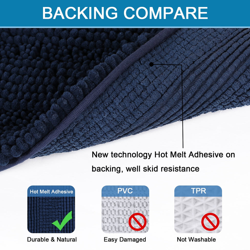 PrimeBeau Chenille Shaggy Rug Collection Contemporary Solid Print Navy Microfiber Polyester Bath Rugs, 20" x 32" Plus 17" x 24", Machine Washable, 2 Count