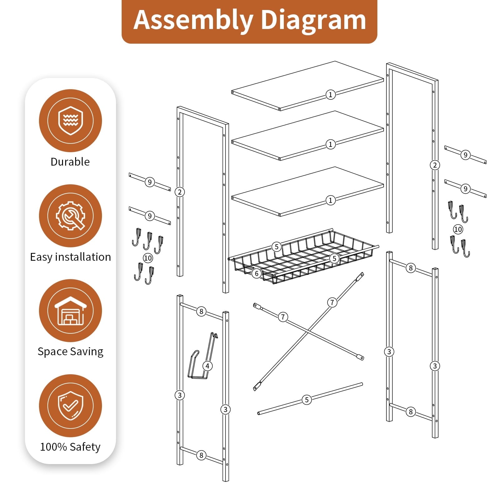 Capri Over The Toilet Storage Shelf, 4-Tier Freestanding Bathroom Organizers and Storage, above Toilet Space Saver Rack with Adjustable Shelves, Toilet Paper Holder and 9-Hooks, Rustic Brown