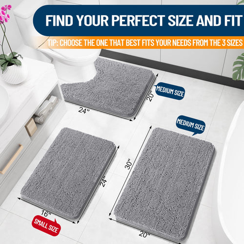 Buganda Bathroom Rugs 30x20, Quick Dry Machine Washable Chenille Bath Mats with Rubber Backing, Grey