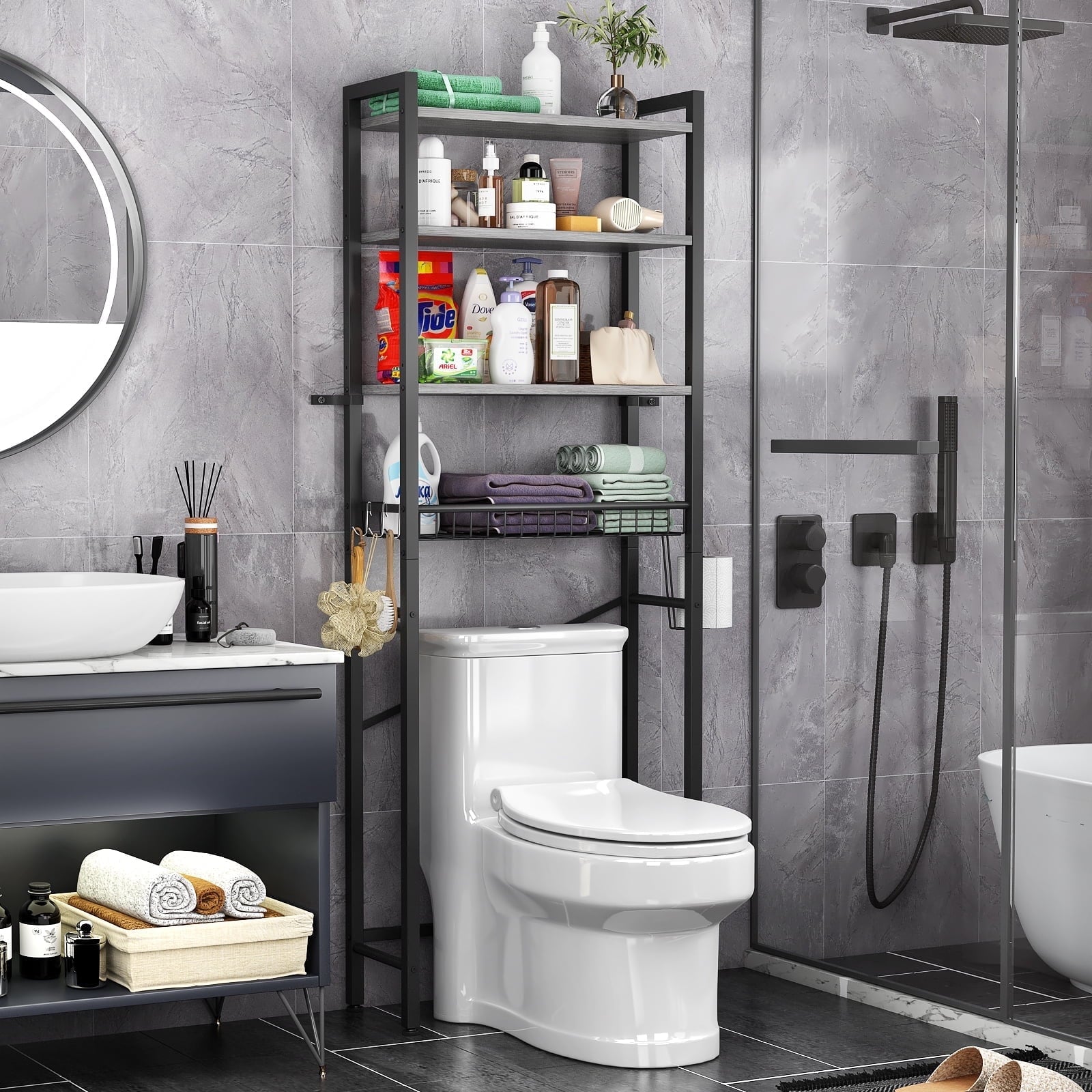 Biemlerfn Over The Toilet Storage Shelf, 4-Tier Wooden Bathroom Organizer Adjustable Saver Space Rack with Toilet Paper Holder, Vintage Brown