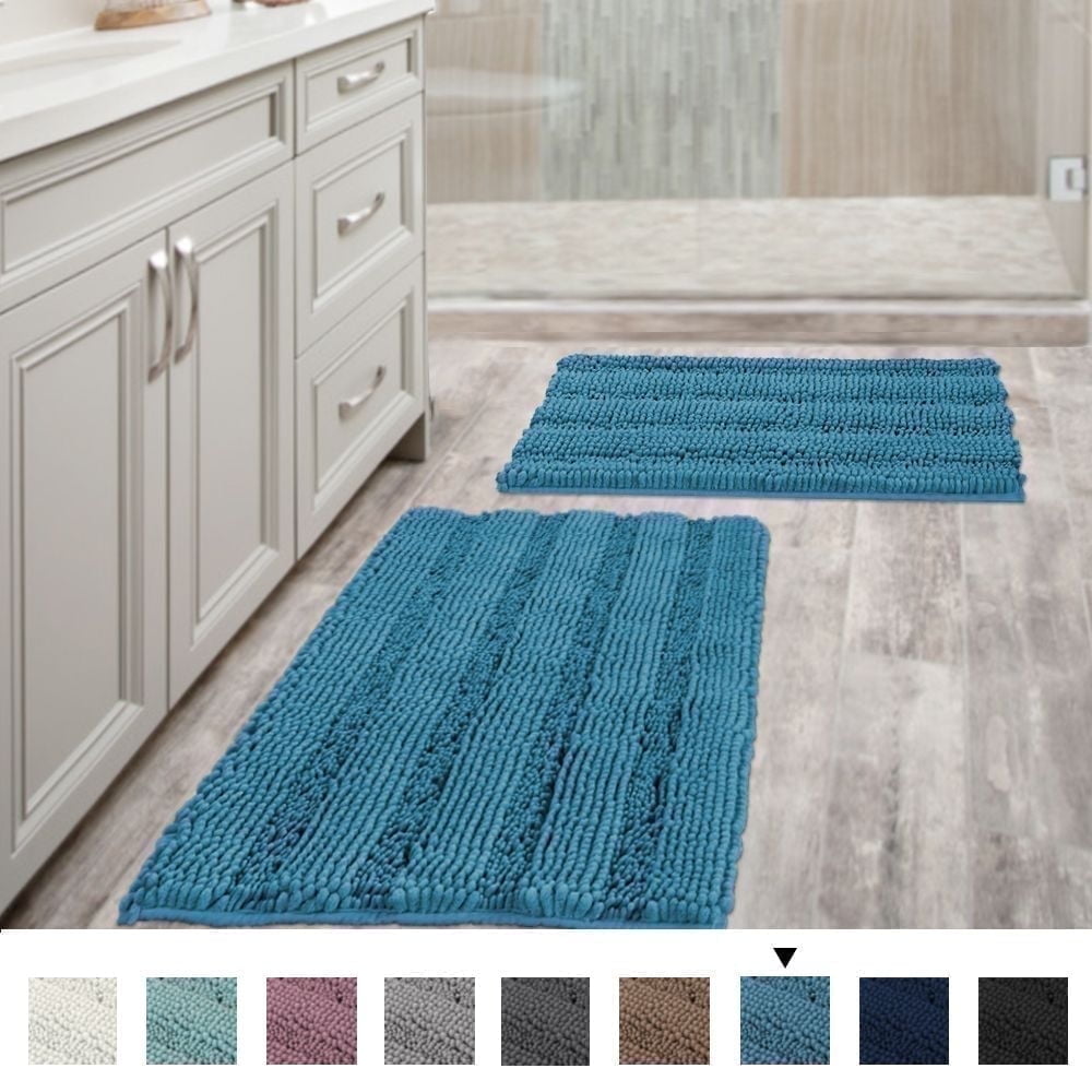 PrimeBeau Chenille Shaggy Rug Collection Contemporary Solid Print Navy Microfiber Polyester Bath Rugs, 20" x 32" Plus 17" x 24", Machine Washable, 2 Count