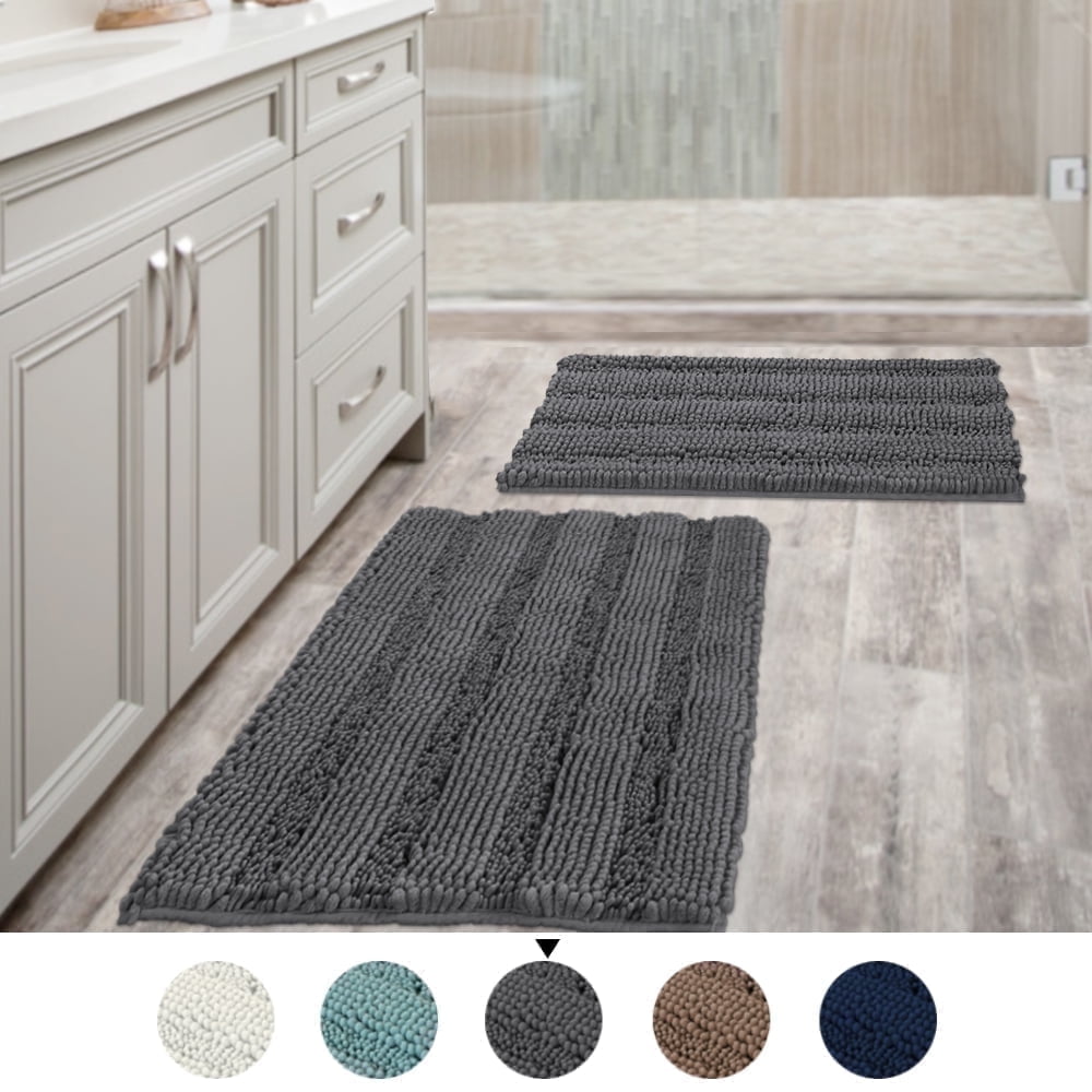 PrimeBeau Chenille Shaggy Rug Collection Contemporary Solid Print Navy Microfiber Polyester Bath Rugs, 20" x 32" Plus 17" x 24", Machine Washable, 2 Count