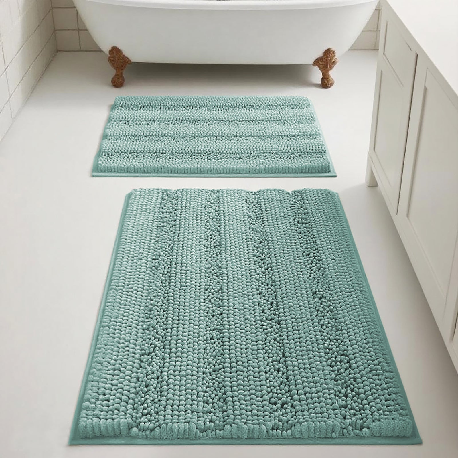 PrimeBeau Chenille Shaggy Rug Collection Contemporary Solid Print Navy Microfiber Polyester Bath Rugs, 20" x 32" Plus 17" x 24", Machine Washable, 2 Count