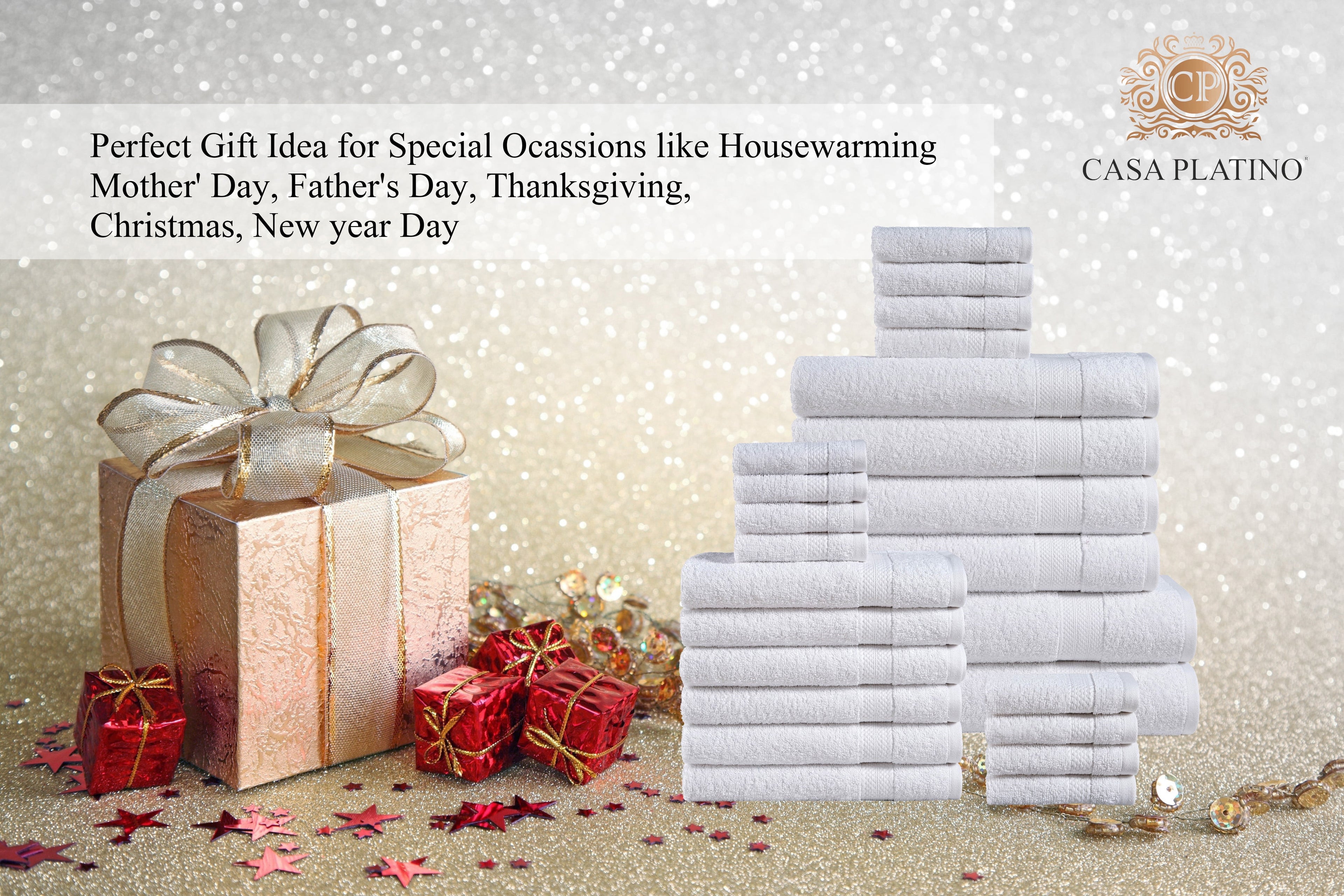 Casa Platino 100% Ring-Spun Cotton Bath Towels Set of 24 - 2 Bath Sheets, 2 Gym Towel, 2 Bath, 4 Fingertip, 6 Hand, 8 Washcloths, Gentle on Body, Quick Dry, Everyday Use – White