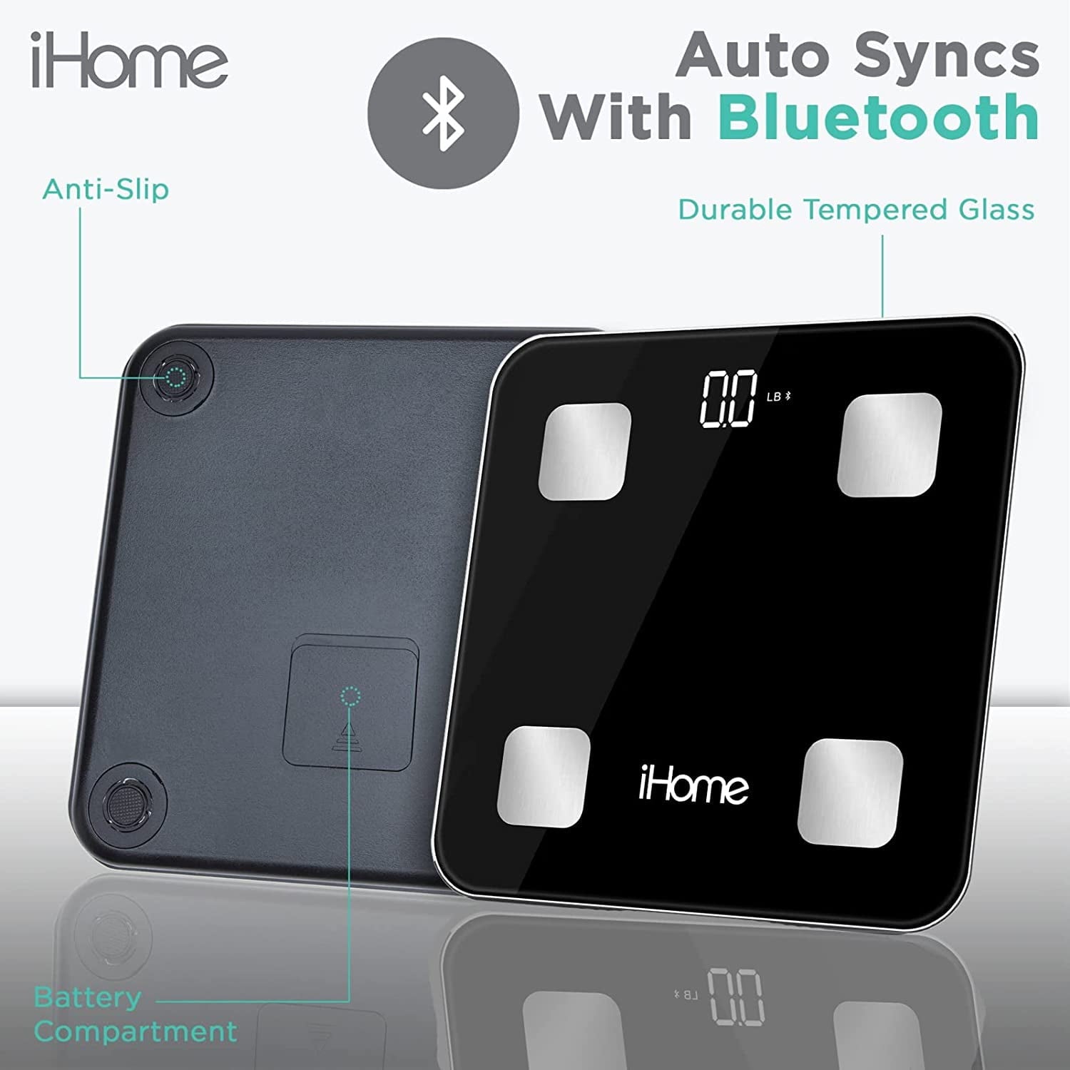 iHome Smart Bluetooth Digital Battery Powered Bathroom Scale, Body Weight & BMI Weighing 397 lbs with Fit+ Personal Coach App, FSA and HSA Eligible, Black